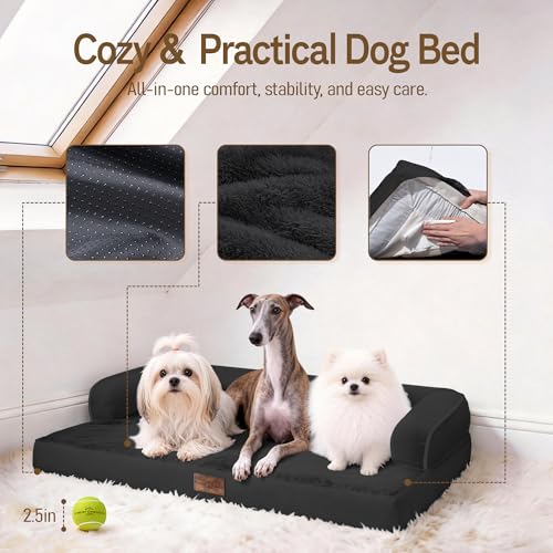 Waterproof XXL Dog Bed with Bolster for Extra Large Dogs (Black / 45"L x 35"W x 8"Th)