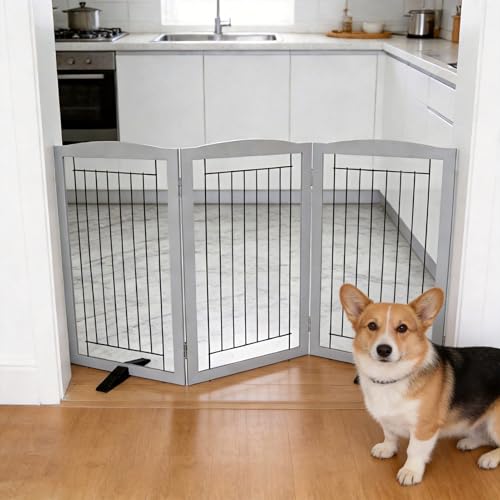 Freestanding Dog Fence Indoor (【3 Panels】60''w x 32''h / Gray)