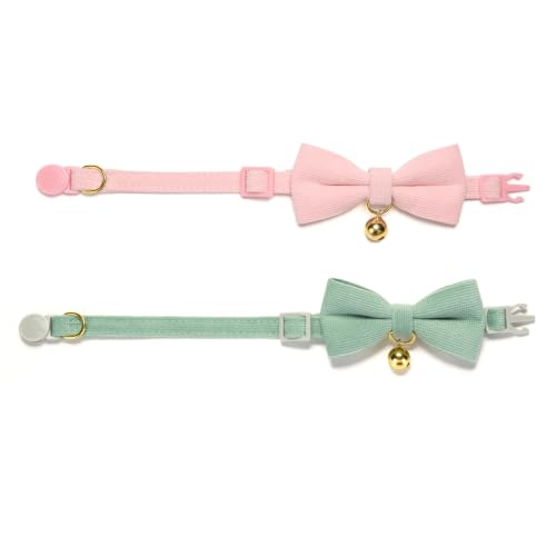2 Pack Soft Corduroy Cat Collars with Bow Tie & Bell Adjustable Breakaway Kitten Bowtie Collar for Female Male Cats (S:Neck 7.0" - 11.0" / Corduroy-Pink Grass Green)