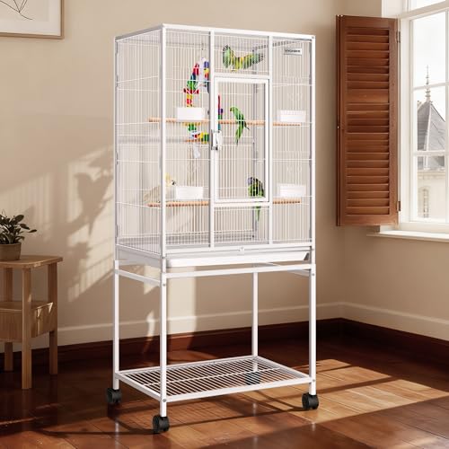 54 Inch Wrought Iron Large Bird Cage with Rolling Stand (White)