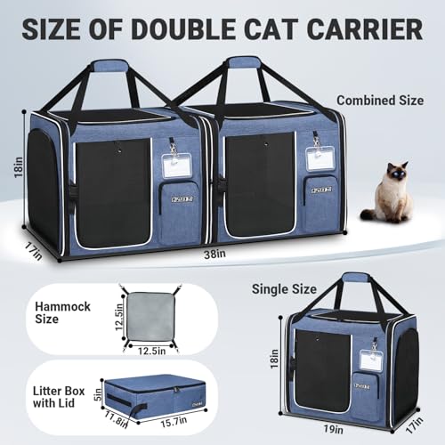 2 in 1 Double Cat Car Travel Carrier with Litter Box (Blue / 38.0"L x 17.0"W x 18.0"H)