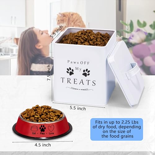 Farmhouse Cat Food and Treats Containers + Feed Scoop + Pet Food Bowl (Glossy White)