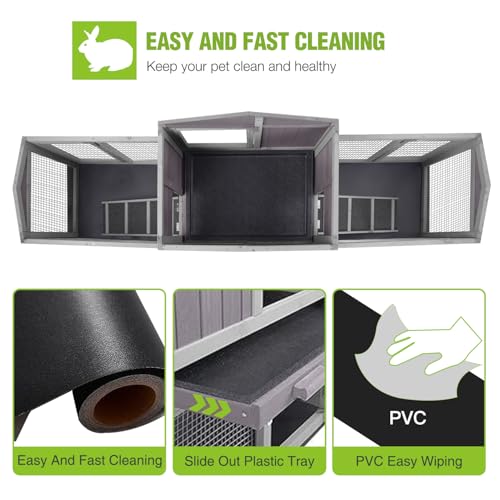 Rabbit Hutch Outdoor Large Chicken Coop with Cleaning Tray and Waterproof Roof Wooden Bunny Hutch PVC Floor Bottom for Small and Medium Bunny Rabbit Chick 87.8" L (Gray / 87.8"L x 20.5"W x 33.7"H)