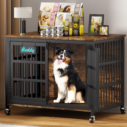 42"/41"/33" Dog Crate Furniture with Name Tag, XL Heavy Duty Dog Kennel Indoor for Large and Medium Dogs, Double-Doors Sturdy Dog Cage for Anxiety Dog, Decorate House as TV Stand (42.1"L x 29.3"W x 31.2"H / Brown)