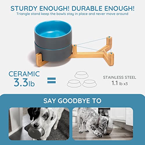 Ceramic Dog and Cat Bowl Set with Wooden Stand (1.7 cups / Blue-Grey × 2)