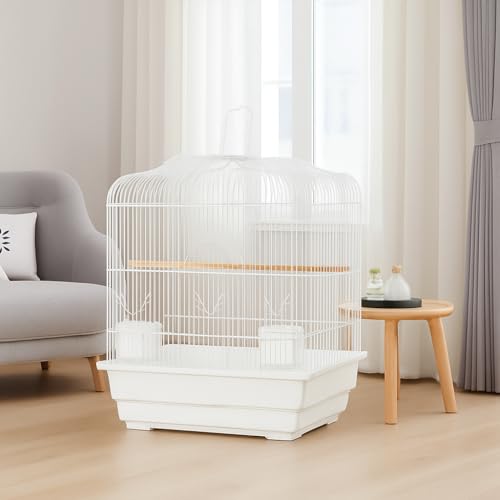 Travel Bird Cage 20.5×18.1×14.2 in Portable Birdcage with Handle and Perches for Small Parrots Canaries Cockatiels Lovebirds Finches Budgies Conures (white)