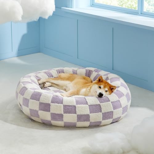 Lesure Shown on TV Jacquard Donut Dog Beds Large Sized Dog (36.0"L x 36.0"W x 8.0"Th / Lavender Checks)