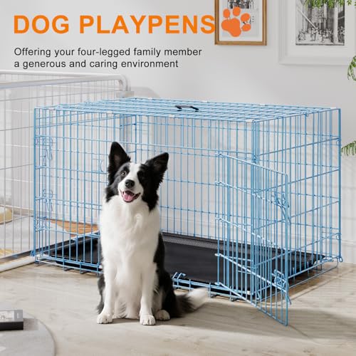 42" Foldable Metal Dog Crate (Blue)