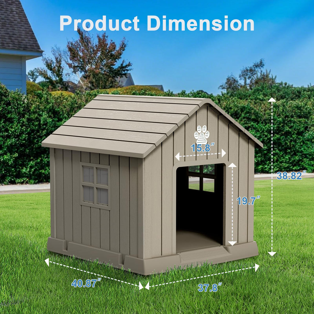 Dog House Indoor Outdoor for Small to Large Sized Dogs 38'' Resin Outdoor Dog House with Ventilation Waterproof Puppy Shelter with Elevated Floor (Grey / 37.8'' * 40.87'' * 38.82'')