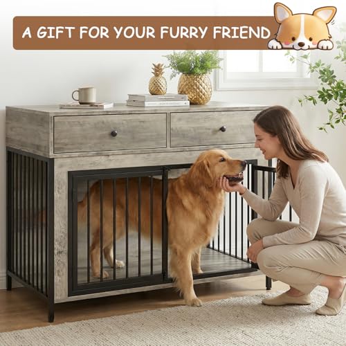 Large Dog Crate Furniture with 2 Drawers (light grey)