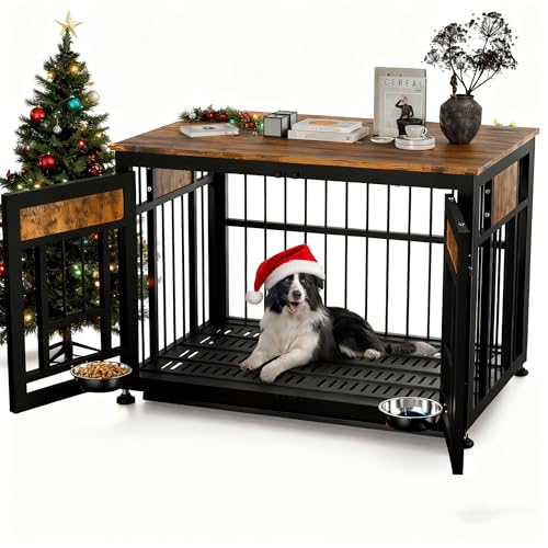Heavy Duty Dog Crate Furniture (Rustic Brown & Black / 38.2"L x 26.0"W x 27.7"H)
