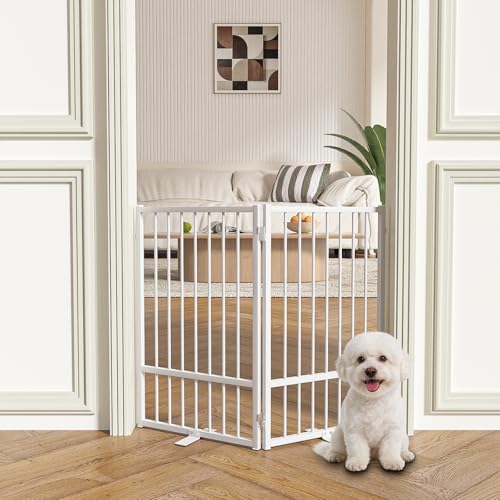 Full Metal Freestanding Dog Gate with Door (【2 Panels】40"W*32H" / White)