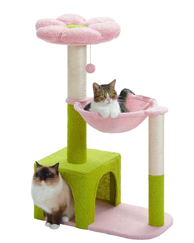 Flower Cat Tree with Large Metal Frame Hammock (35" Upgraded Flower Cat Tree / Pink)