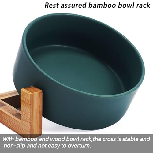 Dog Bowls Green Ceramic Cat Dog Bowl Set with Stand for Food and Water Feeder (Deep Green / 400ML*2)