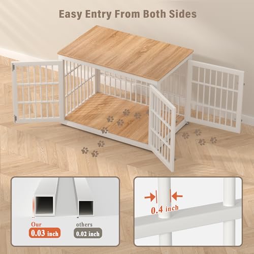 38" Heavy Duty Dog Crate Furniture for Large and Medium Dogs (White + Natural / 38.3"L x 25.4"W x 27.7"H)