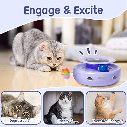 Cat Toys, 2-in-1 Interactive Cat Toys for Indoor Cats, Automatic Cat Toy Balls, Mice Toys Ambush Feather Kitten Toys with 7pcs Attachments, Dual Power Supplies, Adjustable Speed, Auto On/Off (Periwinkle)