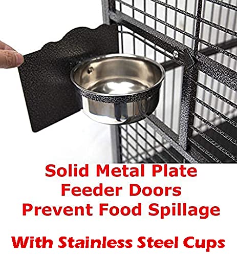 X Large Corner Parrot Bird Flight Breeding Wrought Iron Rolling Cage Solid Plated Feeder Doors with Around Metal Seed Guard (30" x 30" x 64"H / Black Vein)