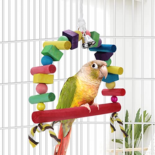 Bird Swing Toys Natural Wood Knots Block Rainbow Bridge Wooden Hanging Bells Toys for Parrot Budgie Lovebirds Conures Parakeet cockatoo Cockatiel (Large)