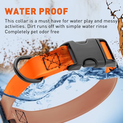 Biothane Waterproof Dog Collar with Quick Release Buckle Strong Coated Nylon Webbing with Odor (5/8"W by 10-14"L / Hunter Orange)