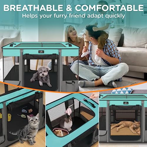 Foldable Pet Kitten Playpen (Black Teal 03 / Large(35.4''×27.5''×23.6''))