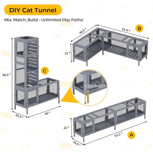 Wooden Cat Tunnel Modular 3 Assembly Modes Indoor Outdoor Play Tube (46"L x 16.5"W x 68.5"H)