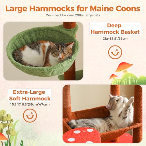 69" Mushroom Cat Tower with Hammock & Scratching Posts (Brown / 69 Inches)