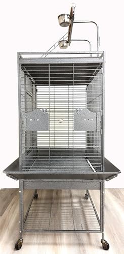 Large Sturdy Wrought Iron Bird Parrot Rolling Metal Cage (24.0"L x 22.0"W x 66.5"H / Black Vein)