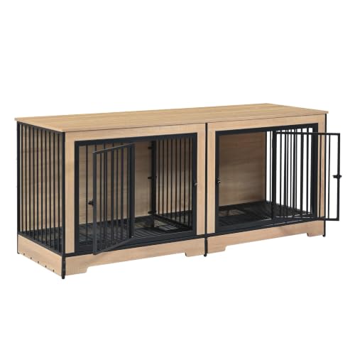 XL Double Dog Crate Furniture for Large Dogs Two Room Kennel with Trays (121 Inch Natural)