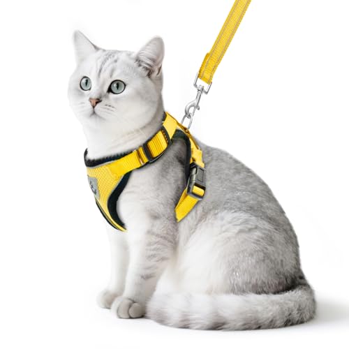 Cat Harness and Leash Set Escape Proof Reflective Cat Walking Harness Adjustable Soft Breathable Mesh Vest for Small Pets (M (NECK 11"-13.7", CHEST 16"-20") / Yellow)