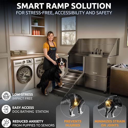 Professional Dog Washing Station 304 Stainless Steel Pet Wash Sink (Silver, Left Ramp, 2 Drawer / 50 Inches)