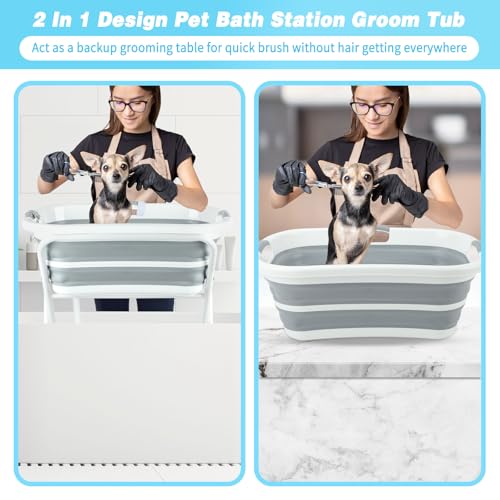2 in 1 Collapsible Elevated Dog Bathtub Station with Drain Collar (With Elevated Stand)