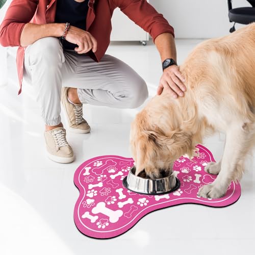 Dog & Cat Food Mat Bone Shaped Pet Feeding Mat Quick Absorb Water Bowl Placemat with Rubber Backing Indoor Floor Stain Resistant Pet Accessory Supplies (Pink / 16"L x 24"W)