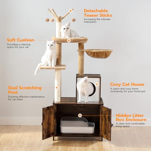 Cat Tree with Litter Box Enclosure for Indoor (Rustic Brown)