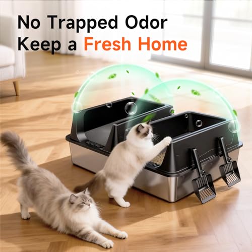 2 Pack XL Stainless Steel Litter Box with High Sides for Large Cat (Black-2Pack)