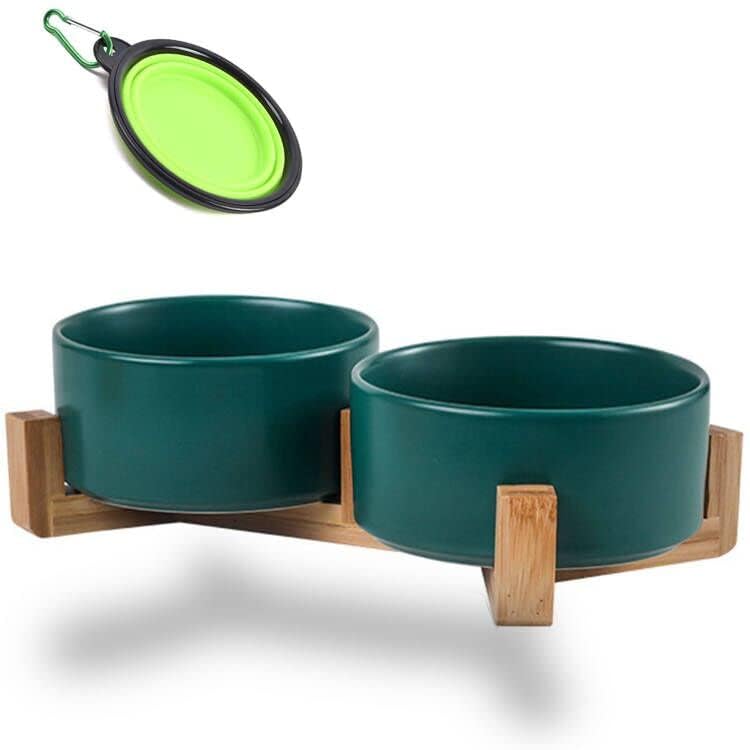 Dog Bowls Green Ceramic Cat Dog Bowl Set with Stand for Food and Water Feeder (Deep Green / 850ML*2)