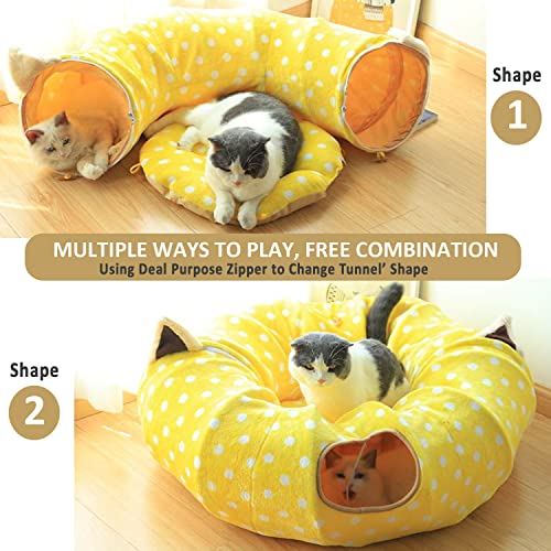 Cat Donut Tunnel with Bed for Kitten Puppy Rabbit Ferret (Yellow)