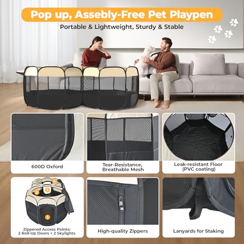 2-in-1 Pop Up Dog Playpen Cat Pet Puppy Playpen, Non-Detachable (Beige / 55.2"L x 27.6"W x 17"H)