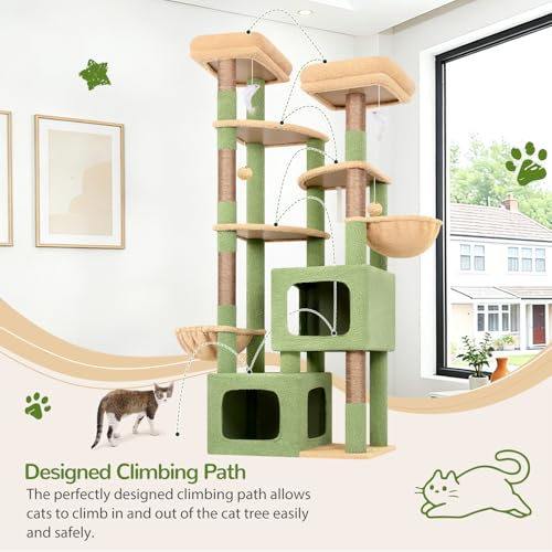 S74E Pro Cactus Heavy Duty Maine Coon Cat Tree for Large Cats (Green / 74 inch)