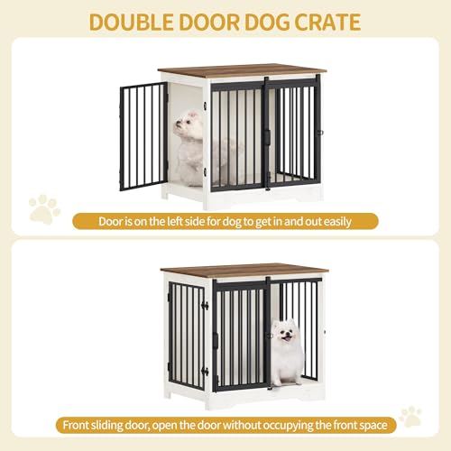 27.2" S Dog Crate Furniture Indoor Dog Kennel with Barn Door (White Brown / 27.2"L x 19.3"W x 25.4"H)