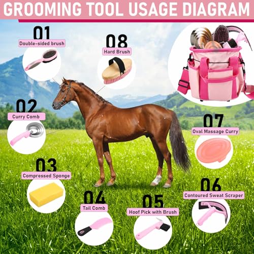9 Pcs Horse Grooming Kit Tack Room Supplies (Classic / Pink)