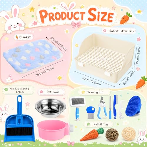 15 Pcs Rabbit Starter Kit Small Rabbit Litter Box Girls Gift Animal Grooming Kit Bunny Toys Bowl Blankets with Cleaning Set for Guinea Pig Accessories (Beige)
