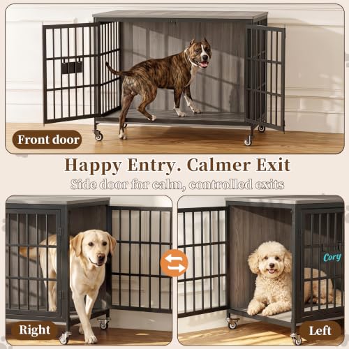42 in Heavy Duty Dog Crate Furniture on Lockable Wheels (Grey / 42.1"L x 29.3"W x 31.2"H)