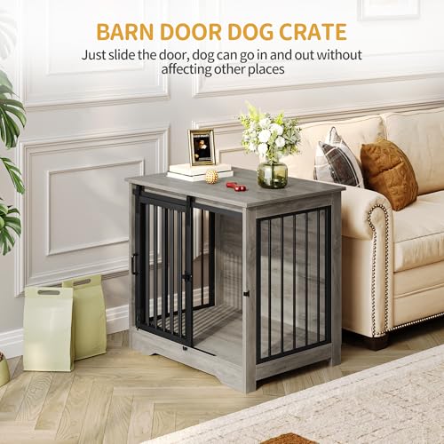 27.2" S Dog Crate Furniture Indoor Dog Kennel with Barn Door (Greige / 27.2"L x 19.3"W x 25.4"H)