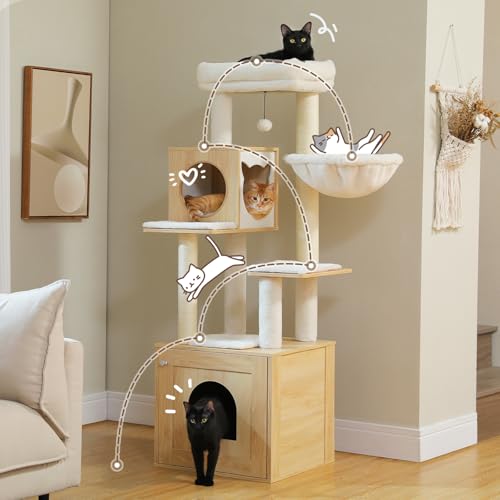 57.5" Cat Tree with Litter Box Enclosure (Beige / XL(18.9"L x 18.9"W x 57.5"H))