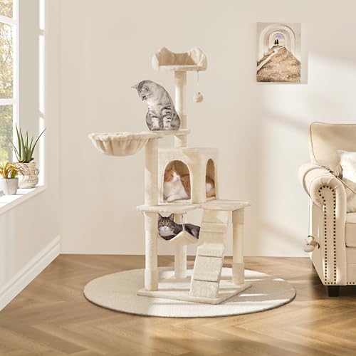 Cat Tree 54in Tall Cat Tower for Indoor Cats with Extended Platform & Basket (Beige)