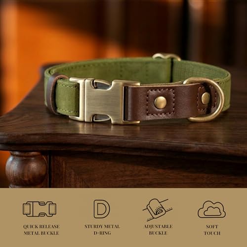 PU Leather Dog Collar for Medium Dogs (Olive Green / M: Neck 14-19", Width ¾")