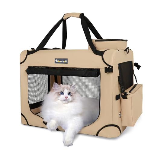 Large Cat Carrier for Cats Collapsible Soft Pet XL Crate for Large (20.0"L x 14.0"W x 14.0"H / Beige)