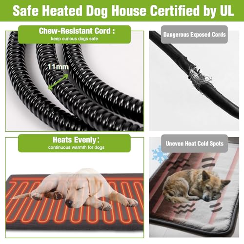Heated Dog House Outdoor with Proch Weatherproof Dog Kennel with Heating Pad Anti