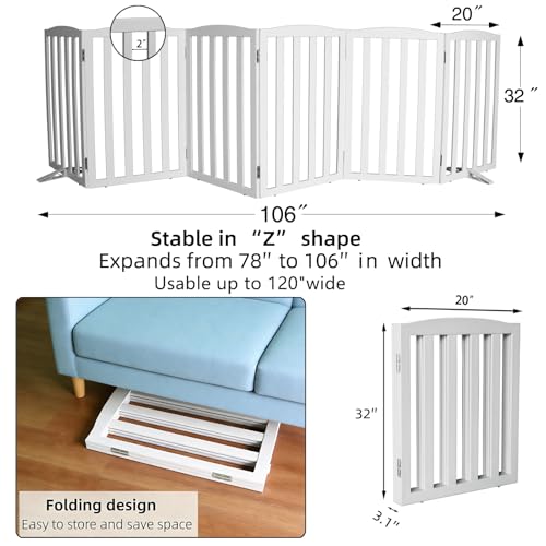 Foldable Freestanding Indoor Dog Gate for House Wood White Long Pet Gates Dog Fence for Stairs Puppy Gates for Hallways (White / 【6 Panels】120''w X 32''h)