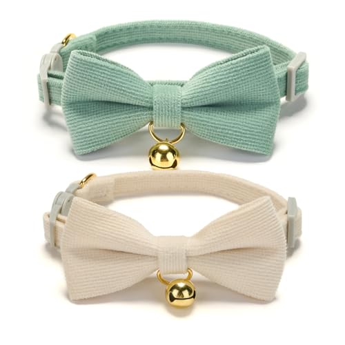 2 Pack Soft Corduroy Cat Collars with Bow Tie & Bell Adjustable Breakaway Kitten Bowtie Collar for Female Male Cats (S:Neck 7.0" - 11.0" / Corduroy-White Grass Green)